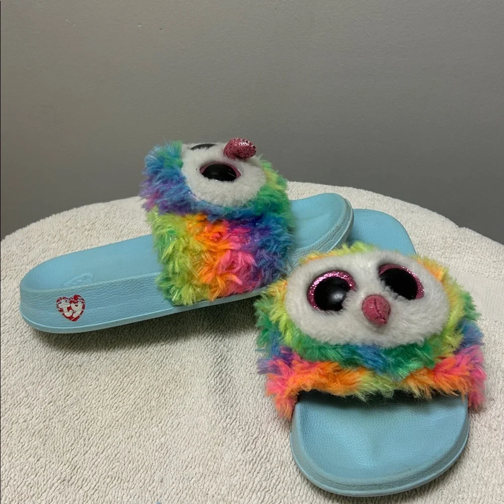 Ty Owl Owen plush colorful rainbow Kids slipOn plush Slide Sandals size 11-13